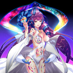 Rule 34 | 10s, 1girl, bare shoulders, breasts, check commentary, commentary request, covered erect nipples, crystal, don (102558), double exposure, dress, elaborate hair, glowing, hand on own hip, highres, large breasts, long hair, looking at viewer, macross, macross delta, midriff, mikumo guynemer, multicolored hair, open mouth, purple hair, red eyes, smile, solo, standing, swirl, two-tone hair, very long hair