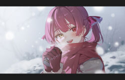 Rule 34 | 1girl, absurdres, alternate costume, blush, can, cold, commentary request, gloves, hands up, head tilt, heterochromia, highres, holding, holding can, hololive, houshou marine, letterboxed, looking at viewer, open mouth, outdoors, own hands together, portrait, red eyes, red gloves, red hair, red scarf, ruiuncle, scarf, smile, snow, snowing, solo, teeth, twintails, virtual youtuber, yellow eyes