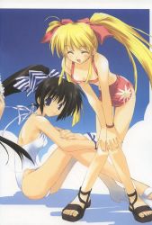 Rule 34 | 2girls, :d, bikini, black hair, blonde hair, closed eyes, female focus, hands on own knees, leaning forward, looking at viewer, mitsumi misato, multiple girls, one-piece swimsuit, open mouth, ponytail, sandals, sitting, smile, swimsuit, white one-piece swimsuit