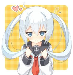 Rule 34 | 10s, 1girl, ahoge, alternate hairstyle, anchor symbol, blue eyes, flying sweatdrops, heart, hibiki (kancolle), holding, holding own hair, kantai collection, long hair, long sleeves, looking at viewer, neckerchief, no headwear, rateratte, school uniform, serafuku, silver hair, smile, solo, twintails, uniform, upper body