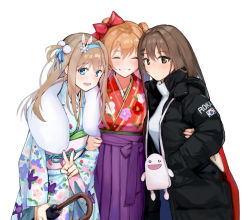 Rule 34 | alternate costume, bad id, bad pixiv id, bow, commentary request, creator connection, fur collar, girls&#039; frontline, group hug, hair bow, hair ribbon, hairband, highres, hug, jacket, japanese clothes, k2 (girls&#039; frontline), kimono, official alternate costume, rfb (girls&#039; frontline), rfb (new year&#039;s mvp) (girls&#039; frontline), ribbon, south korean flag, suomi (girls&#039; frontline), sweater, tai (e3d1p), umbrella, v