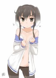 Rule 34 | 10s, 1girl, bad id, bad twitter id, bakutendou, bare shoulders, bikini, bikini under clothes, black eyes, black pantyhose, brown hair, brown pantyhose, contrapposto, crotch seam, front-tie top, kantai collection, multicolored hair, navel, off shoulder, open clothes, pantyhose, sailor collar, short hair, short hair with long locks, simple background, sleeves past wrists, solo, standing, string bikini, swimsuit, swimsuit under clothes, thighband pantyhose, tokitsukaze (kancolle), two-tone hair, white background