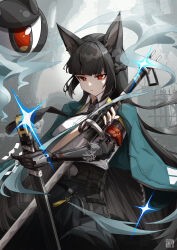 Rule 34 | 1girl, 1other, absurdres, animal ears, aqua jacket, arm strap, artist logo, black gloves, black hair, black necktie, black skirt, blunt bangs, breasts, bright pupils, collared shirt, commentary request, fox ears, glint, gloves, half updo, highres, holding, holding sword, holding weapon, hoshimi miyabi, jacket, large breasts, long hair, long skirt, looking at viewer, mechanical arms, mechanical hands, necktie, open clothes, open jacket, outdoors, parted lips, red eyes, red rope, rope, scabbard, sheath, shide, shirt, sidelocks, single glove, single mechanical arm, single mechanical hand, skirt, solo focus, sword, tongyu, unsheathed, very long hair, weapon, white pupils, white shirt, zenless zone zero