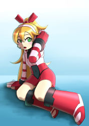 Rule 34 | 1girl, absurdres, android, blonde hair, blush, boots, call (mighty no. 9), call f, dress, fingerless gloves, gloves, green eyes, hairband, headphones, highres, jacket, long hair, mighty no. 9, no humans, open mouth, ponytail, ribbon, robot, shirt, solo