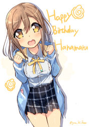 Rule 34 | 1girl, aqua jacket, aqua shirt, artist name, artist request, bare legs, blush, bow, bowtie, breasts, brown eyes, brown hair, checkered clothes, checkered skirt, clenched hands, collared shirt, drawstring, female focus, hair between eyes, highres, jacket, kunikida hanamaru, layered skirt, light brown hair, long hair, long sleeves, looking at viewer, love live!, love live! sunshine!!, marker, medium breasts, miniskirt, nijigasaki school uniform, open clothes, open jacket, parted lips, plaid, plaid skirt, pleated, pleated skirt, pocket, ribbon, school uniform, shirt, skirt, smile, solo, white background, yellow bow, yellow eyes, yellow ribbon