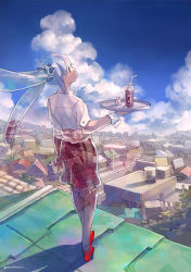 Rule 34 | 1girl, artist name, blue hair, city, cityscape, cloud, cup, day, detached sleeves, drink, drinking glass, drinking straw, from behind, long hair, looking back, original, pomodorosa, power lines, rooftop, sketch, sky, solo, transparent, tray, twintails, utility pole, wrist cuffs