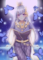 Rule 34 | 1girl, absurdres, arm support, belt, black shirt, blush, bracelet, breasts, bug, butterfly, cape, closed mouth, earrings, eyelashes, full moon, gem, gold belt, gold earrings, hair ornament, highres, insect, jewelry, large breasts, light purple hair, lips, long hair, long skirt, looking at viewer, moon, multicolored hair, night, ponytail, purple butterfly, purple cape, purple eyes, purple skirt, scrunchie, shino laila, shirt, silver hair, sitting, skirt, sky, sleeveless, smile, solo, suraimuvmv, thai clothes, very long hair, virtual youtuber, wactor production