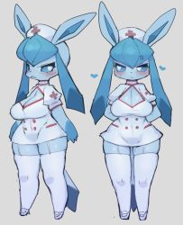 Rule 34 | 1girl, angry, animal ears, blue eyes, blush, breasts, cleavage, colored sclera, creatures (company), furry, furry female, game freak, gen 4 pokemon, glaceon, large breasts, nintendo, nipples, nurse, pokemon, pokemon (creature), rikose, tail, thick thighs, thighhighs, thighs