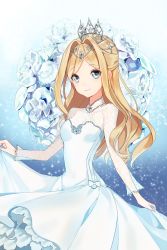 Rule 34 | 1girl, blonde hair, blue eyes, bow, breasts, closed mouth, commentary request, derori, dress, flower, hair intakes, highres, jewelry, lace, long hair, long sleeves, looking at viewer, medium breasts, official art, original, pendant, skirt hold, smile, solo, tiara, white bow, white dress