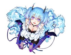 Rule 34 | 1girl, antennae, asano goji, black footwear, black skirt, blue hair, breasts, cleavage, commentary, english commentary, fishnets, frilled sleeves, frills, gradient hair, gradient legwear, high heels, highres, large breasts, looking up, multicolored hair, open mouth, purple hair, second-party source, sitting, skirt, slug girl, solo, tsunderia, two side up, umiushi urara, virtual youtuber, wariza, water