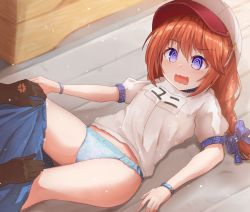 Rule 34 | 1girl, 1other, @ @, anger vein, baseball cap, black gloves, blue bow, blue panties, blue shorts, bow, braid, breasts, brown hair, clothes pull, commentary request, gloves, gym shirt, gym shorts, gym uniform, hair between eyes, hair bow, hat, highres, long hair, low twintails, lying, name tag, nenosame, on back, out of frame, panties, plaid, plaid bow, princess connect!, puffy short sleeves, puffy sleeves, pulling another&#039;s clothes, purple eyes, shirt, short sleeves, shorts, shorts pull, small breasts, solo focus, star panties, twin braids, twintails, underwear, vaulting horse, white headwear, white shirt, yuni (princess connect!), yuni (school festival) (princess connect!)