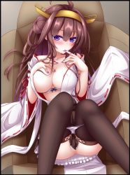 Rule 34 | 10s, 1girl, ahoge, anus, bare shoulders, black thighhighs, blush, box, bra, bra pull, breasts, brown hair, cardboard box, clothes pull, covered erect nipples, fingernails, hair intakes, hairband, highres, in box, in container, kantai collection, kongou (kancolle), large breasts, licking, licking finger, looking at viewer, nail polish, nontraditional miko, panties, panty pull, purple eyes, purple nails, ribbon-trimmed sleeves, ribbon trim, skirt, solo, thighhighs, tongue, tongue out, underwear, white bra, white panties, wide sleeves, yoye (pastel white)