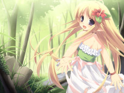 Rule 34 | 1girl, ahoge, back, bad id, bad pixiv id, blonde hair, bracelet, cropped legs, dress, flower, forest, grass, hair flower, hair ornament, halterneck, jewelry, long hair, looking at viewer, looking back, moriguchi yuu, nature, open mouth, original, outdoors, parted bangs, pointy ears, purple eyes, smile, solo, tree