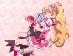 Rule 34 | 00s, 2girls, bare shoulders, between legs, blonde hair, blue hair, blush, boots, bow, chmm2, closed eyes, couple, cure peach, eas (fresh precure!), elbow gloves, fresh precure!, gloves, hair ornament, heart, heart hair ornament, higashi setsuna, hug, light smile, long hair, magical girl, momozono love, multiple girls, pink bow, pink footwear, precure, red eyes, sleeveless, smile, tears, twintails, yuri