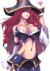 Rule 34 | 1girl, blue eyes, breasts, cleavage, detached sleeves, groin, twirling hair, hat, highres, large breasts, league of legends, lips, long hair, looking at viewer, midriff, miss fortune (league of legends), navel, nr noir, parted lips, pirate hat, red hair, simple background, solo, very long hair, white background