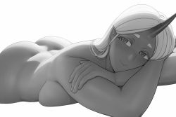 Rule 34 | 1girl, ass, blush, breast press, breasts, closed mouth, commentary, completely nude, dark skin, demon girl, english commentary, greyscale, hand on own arm, horns, large breasts, long hair, looking at viewer, lvl (sentrythe2310), lying, monochrome, nose blush, nude, on stomach, original, pointy ears, simple background, single horn, smile, solo, tareme, thick eyebrows, white background