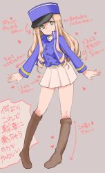 Rule 34 | 1girl, aaru (kerogero1582), arrow (symbol), bc freedom military uniform, black footwear, blonde hair, blue hat, blue jacket, blue vest, boots, closed mouth, commentary, dress shirt, drill hair, full body, girls und panzer, green eyes, grey background, hat, heart, high collar, highres, jacket, knee boots, leaning forward, long hair, long sleeves, looking at viewer, marie (girls und panzer), military, military hat, military uniform, miniskirt, no emblem, pleated skirt, shako cap, shirt, skirt, smile, solo, standing, translated, uniform, vest, white shirt, white skirt