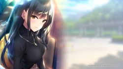 Rule 34 | 1girl, azarashi soft, baffu, bench, black hair, black shirt, blurry, blurry background, blush, breasts, closed mouth, female focus, from above, game cg, head tilt, jewelry, large breasts, light blush, light smile, long hair, looking at viewer, necklace, outdoors, shirt, sitting, smile, solo, susukawa mizore, tomodachi kara koibito e, turtleneck, upper body, yellow eyes