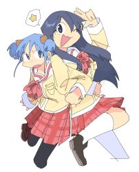Rule 34 | 2girls, :3, :o, back-to-back, blue hair, cube hair ornament, hair ornament, highres, leg up, locked arms, looking to the side, multiple girls, naganohara mio, naganohara yoshino, nichijou, one eye closed, open mouth, school uniform, short twintails, snowii cat, socks, speech bubble, star (symbol), tokisadame school uniform, twintails, white background, white socks
