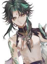 Rule 34 | 1boy, ahoge, aqua hair, arm tattoo, armor, asymmetrical clothes, bead necklace, beads, black hair, facial mark, forehead mark, genshin impact, highres, jewelry, looking at viewer, male focus, multicolored hair, necklace, parted lips, shiraishi (siraisi00), simple background, solo, spikes, tassel, tattoo, twitter username, upper body, white background, xiao (genshin impact), yellow eyes