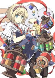 Rule 34 | 1girl, aka ringo, alice margatroid, blonde hair, blue eyes, boots, bow, capelet, clubs, colorized, diamond (gemstone), dress, female focus, hairband, heart, itoo, needle, open mouth, pantyhose, ribbon, scissors, short hair, solo, spade, thread, touhou