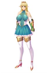 Rule 34 | 1girl, almia agraliel, bare shoulders, blonde hair, breasts, breasts apart, closed mouth, covered erect nipples, covered navel, crown, elf, feet, full body, game cg, green eyes, high heels, highres, huracan, kyonyuu elf oyako saimin, large breasts, legs, long hair, looking at viewer, lune (company), original, pointy ears, skirt, smile, solo, standing, thighhighs, thighs, transparent background, zettai ryouiki