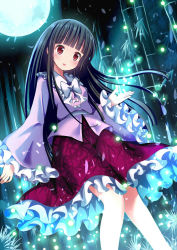 Rule 34 | 1girl, bamboo, bamboo forest, black hair, bow, fireflies, forest, full moon, givuchoko, highres, hime cut, houraisan kaguya, long hair, long sleeves, moon, nature, night, open mouth, red eyes, shirt, skirt, sky, smile, solo, touhou, very long hair, wide sleeves