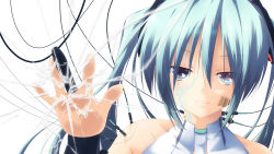 Rule 34 | 1girl, android, aqua hair, barcode, barcode tattoo, bridal gauntlets, broken glass, cable, copyright name, fourth wall, glass, hand on glass, hatsune miku, hatsune miku (append), highres, light smile, musical note, solo, tattoo, vocaloid, vocaloid append, white background, yuzuki kei