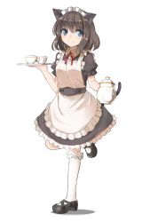 Rule 34 | 1girl, animal ears, bad id, bad pixiv id, black hair, blue eyes, carrying, cat ears, cup, full body, holding, looking at viewer, maid, maid headdress, mary janes, miya (tokumei), original, shoes, short hair, simple background, smile, solo, standing, standing on one leg, teacup, teapot, tray, white background, white legwear