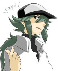 Rule 34 | 10s, 1boy, bad id, bad pixiv id, baseball cap, creatures (company), game freak, green eyes, green hair, hair over one eye, hat, long hair, male focus, matching hair/eyes, n (pokemon), nintendo, pokemon, pokemon bw, ponytail, simple background, solo, tpi ri, turtleneck, white background