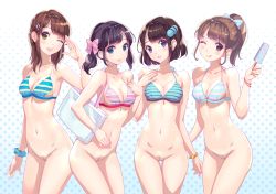 Rule 34 | 4girls, ;d, ;q, arm at side, arm up, armpits, bag, bare shoulders, bikini, bikini top only, black hair, blue bikini, blue eyes, blunt bangs, bottomless, bow, bracelet, breasts, brown hair, cleavage, closed mouth, commentary request, food, gradient background, green eyes, hair bow, hair ornament, hairclip, halftone, halftone background, halterneck, head tilt, jewelry, lips, looking at viewer, medium breasts, medium hair, multiple girls, nail polish, navel, nishimura eri, one eye closed, open mouth, original, parted lips, pink bikini, pink bow, polka dot, polka dot bow, ponytail, popsicle, purple eyes, pussy, red eyes, scrunchie, shoulder bag, sidelocks, smile, stomach, striped bikini, striped clothes, swimsuit, tareme, tongue, tongue out, twintails, uncensored, wrist scrunchie, yellow nails
