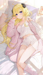 Rule 34 | 1girl, ahoge, alternate costume, animal ears, bed sheet, black horns, blonde hair, blue eyes, blush, breasts, camisole, curled horns, double-parted bangs, fuumi (radial engine), hair between eyes, highres, hololive, horns, indoors, jacket, large breasts, long hair, long sleeves, looking at viewer, lying, midriff, navel, off shoulder, on bed, on side, open clothes, open jacket, open mouth, sheep ears, sheep girl, sheep horns, sheet grab, shorts, sleepwear, solo, tsunomaki watame, virtual youtuber, white camisole, white footwear, white jacket, white shorts