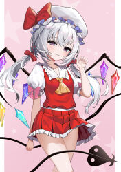 Rule 34 | 1girl, absurdres, ascot, azur lane, bow, breasts, chinese commentary, collarbone, collared shirt, commentary request, cosplay, cowboy shot, crystal, flandre (azur lane), flandre scarlet, flandre scarlet (cosplay), frilled shirt collar, frilled sleeves, frills, hair between eyes, hair bow, hair ornament, hand up, hat, hat ribbon, head tilt, highres, laevatein (touhou), long hair, looking at viewer, low twintails, mob cap, name connection, niballl, parted lips, pleated skirt, puffy short sleeves, puffy sleeves, purple eyes, red skirt, red vest, ribbon, shirt, short sleeves, sidelocks, skirt, skirt set, small breasts, smile, solo, standing, star (symbol), starry background, tail, touhou, twintails, vest, white hair, white hat, white shirt, wings, yellow ascot