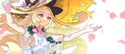 Rule 34 | 1girl, bare shoulders, blonde hair, brown hat, closed mouth, commentary request, dress, esterielle (world flipper), floating hair, flower, forehead, grey background, hat, hat flower, highres, long hair, looking away, pointy ears, red eyes, ryuuno6, see-through, simple background, smile, solo, straw hat, upper body, very long hair, white dress, white flower, world flipper