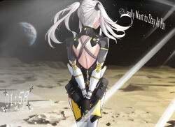 Rule 34 | 1girl, arms behind back, backless bodysuit, black bodysuit, bodysuit, earth (planet), english text, from behind, grey hair, highres, jewelry, joints, karenina: scire (punishing: gray raven), karenina (punishing: gray raven), liuj125, long hair, mechanical arms, mechanical legs, planet, punishing: gray raven, ring, robot joints, solo, timestamp, twintails