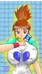 Rule 34 | 00s, 1girl, breasts, brown eyes, brown hair, card, digimon, digimon tamers, female focus, huge breasts, impossible clothes, impossible shirt, makino ruki, aged up, shirt, solo