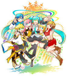 Rule 34 | 2boys, 4girls, 7:24, :d, ;d, ^ ^, aqua eyes, black skirt, blue hair, blue neckwear, blush, blush stickers, boots, brown eyes, closed eyes, coat, detached sleeves, finger to mouth, floating hair, full body, gradient background, grey shirt, hair ribbon, happy, hatsune miku, headset, highres, hug, jumping, kagamine len, kagamine rin, kaito (vocaloid), long hair, looking at viewer, megurine luka, meiko (vocaloid), multicolored background, multiple boys, multiple girls, necktie, one eye closed, open mouth, pink hair, red eyes, red skirt, ribbon, salute, scarf, shirt, shorts, simple background, skirt, sleeveless, sleeveless shirt, smile, thighhighs, thighs, twintails, upper body, v, very long hair, vocaloid, white background, white ribbon