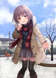 Rule 34 | 1girl, black thighhighs, blue sky, boots, brown eyes, brown hair, cloud, coat, day, fukahire (ruinon), long sleeves, looking at viewer, md5 mismatch, open clothes, open coat, open mouth, original, outstretched hand, playground, power lines, resolution mismatch, scarf, skirt, sky, smile, snow, solo, source smaller, sweater, thighhighs, tree, winter, winter clothes, zettai ryouiki