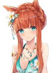 Rule 34 | 1girl, blue eyes, blunt bangs, blush, braid, breasts, closed mouth, collarbone, crown braid, flower, flower on chest, hair flower, hair ornament, hand on own chest, highres, hime cut, horse girl, jewelry, looking at viewer, nasupon 54115, necklace, official alternate costume, official alternate hairstyle, orange hair, portrait, silence suzuka (emerald on the waves) (umamusume), silence suzuka (umamusume), simple background, small breasts, solo, umamusume, white background