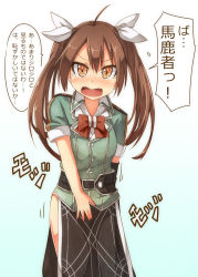 Rule 34 | 10s, 1girl, ahoge, blush, bow, bowtie, brown eyes, brown hair, covering privates, covering crotch, elbow gloves, gloves, hair ribbon, highres, kantai collection, long hair, looking at viewer, pelvic curtain, ribbon, single glove, skirt, solo, tears, tone (kancolle), tone kai ni (kancolle), translation request, twintails, umino mokuzu (shizumisou), white ribbon
