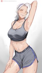 Rule 34 | 1girl, absurdres, arm up, blue lips, breasts, cleavage, gym shorts, gym uniform, highres, margaret (persona), medium breasts, navel, nero watch, persona, persona 4, shorts, smile, solo, sweat, white hair, yellow eyes