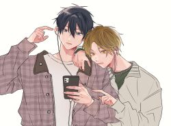 Rule 34 | 2boys, black hair, blonde hair, blue eyes, cellphone, chain, chain necklace, ear piercing, earphones, given, green shirt, head on another&#039;s shoulder, highres, holding, holding phone, jacket, jewelry, kashima hiiragi (given), listening to music, male focus, multiple boys, multiple piercings, necklace, open mouth, phone, piercing, rtrggv, shared earphones, shirt, simple background, smartphone, uenoyama ritsuka, white background, white shirt