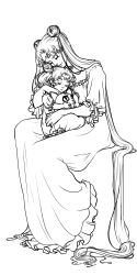 Rule 34 | 2girls, absurdly long hair, bishoujo senshi sailor moon, chibi usa, closed mouth, commentary, crescent, crescent facial mark, double bun, dress, english commentary, closed eyes, facial mark, greyscale, hug, invisible chair, lineart, long hair, luna-p, melolontha2, monochrome, mother and daughter, motherly, multiple girls, neo queen serenity, on lap, puffy short sleeves, puffy sleeves, short sleeves, sitting, sleeping, small lady serenity, smile, transparent background, tsukino usagi, twintails, very long hair