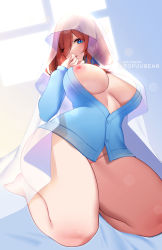 Rule 34 | 1girl, animal ears, barefoot, blue eyes, blush, bottomless, breasts, bridal veil, brown hair, collar, curvy, exposed chest, exposing self, eye visible through hair, eyes visible through hair, feet, from below, go-toubun no hanayome, hand to own mouth, highres, kneeling, large breasts, long hair, long sleeves, looking at viewer, looking down, nakano miku, navel, nipples, no bra, no panties, nude, presenting, seductive smile, shirt, smile, solo, thick thighs, thighs, toes, tofuubear, veil