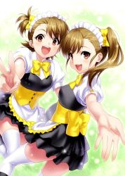 Rule 34 | 2girls, :d, alternate costume, blush, bow, bowtie, brown eyes, brown hair, enmaided, futami ami, futami mami, hair bow, idolmaster, idolmaster (classic), jpeg artifacts, long hair, looking at viewer, maid, maid headdress, multiple girls, open mouth, outstretched arm, puffy sleeves, short hair, short sleeves, siblings, side ponytail, sisters, smile, thighhighs, twins, v, yellow bow, zen