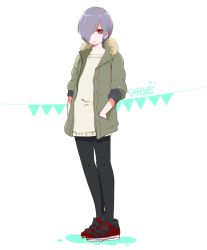 Rule 34 | 1girl, alternate costume, bad id, bad pixiv id, beige sweater, black pantyhose, character name, commentary request, dot nose, full body, green jacket, hair over one eye, hand in jacket, jacket, kirishima touka, looking at viewer, nante kottai, pantyhose, purple hair, red eyes, red footwear, shoes, short hair, simple background, solo, standing, sweater, tokyo ghoul, white background