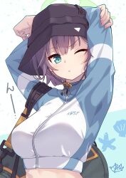 Rule 34 | 1girl, aqua eyes, arms up, bag, blue archive, breasts, bucket hat, closed mouth, duffel bag, halo, hat, large breasts, midriff, one eye closed, purple hair, raglan sleeves, rash guard, saki (blue archive), saki (swimsuit) (blue archive), short hair, simple background, solo, stretching, upper body, white background, yellow halo, yukichin