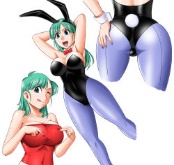 Rule 34 | 1girl, animal ears, aqua hair, armpits, bad source, black leotard, blue eyes, blue hair, blue pantyhose, breasts, bulma, covered navel, dragon ball, dragon ball (classic), dragonball z, hairband, hand on own chest, hand on own hip, hands up, highleg, highleg leotard, large breasts, leotard, long hair, looking at viewer, mokkouyou bond, multiple views, one eye closed, pantyhose, rabbit ears, rabbit tail, red ribbon, red tank top, ribbon, simple background, sleeveless, smile, solo, tail, tank top, tongue, tongue out