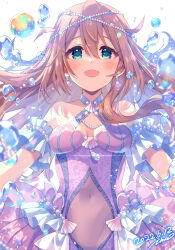 Rule 34 | 1girl, :d, absurdres, aqua eyes, artist name, baba konomi, bare shoulders, blush, breasts, cleavage, covered navel, dated, detached sleeves, dot nose, dress, earrings, eyelashes, frilled dress, frills, furrowed brow, hair between eyes, highres, idolmaster, idolmaster million live!, idolmaster million live! theater days, ima (lm ew), jewelry, looking at viewer, official alternate costume, official alternate hairstyle, open mouth, pearl earrings, pearl hair ornament, pink dress, see-through, see-through dress, shell hair ornament, sidelocks, simple background, small breasts, smile, solo, straight hair, upper body, water drop, white background