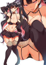 Rule 34 | 1girl, :p, absurdres, arm behind head, armpits, ass, bare shoulders, black hair, black panties, black thighhighs, boots, breasts, choker, cleavage, colored inner hair, demon girl, earrings, elbow gloves, fangs, fishnet thighhighs, fishnets, gloves, head wings, heart, high heels, highleg, highleg panties, highres, jewelry, large breasts, long hair, looking at viewer, mole, mole under eye, multicolored hair, multiple views, navel, original, panties, pink hair, pointy ears, ponytail, purple eyes, sidelocks, simple background, skirt, smile, thigh boots, thighhighs, tongue, tongue out, twintails, underwear, very long hair, white background, wings, yac (mokkori)